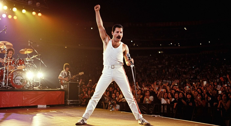 Estudo de imagem com IA: cena de show de rock dos anos 80 recriada com fotorrealismo