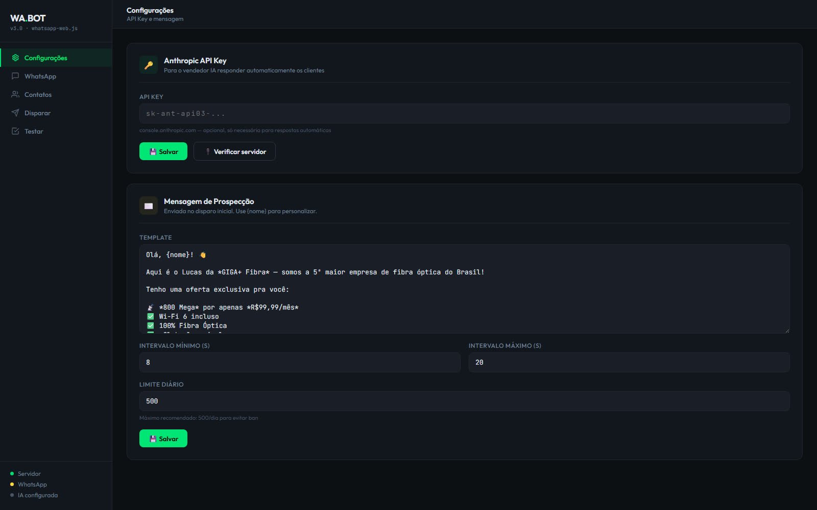 Painel real do WA Bot: configuração de API, template de mensagem de prospecção, intervalos e limite diário de disparos